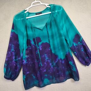 Jones New York Top Womens XL Green Purple Floral Sheer Watercolor Flowy Feminine